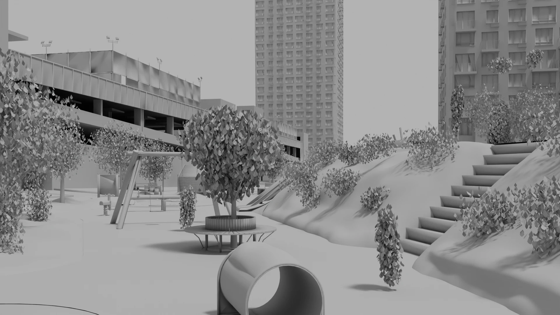 Та же камера: 3D-модель двора в нейтральном сером материале